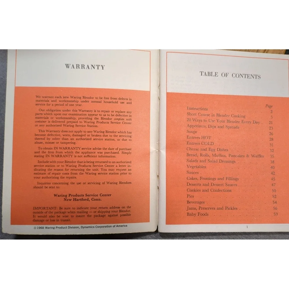 1968 Waring‎ Cook Book For The 8 Push Button Blender Vintage Recipe Owner Manual
